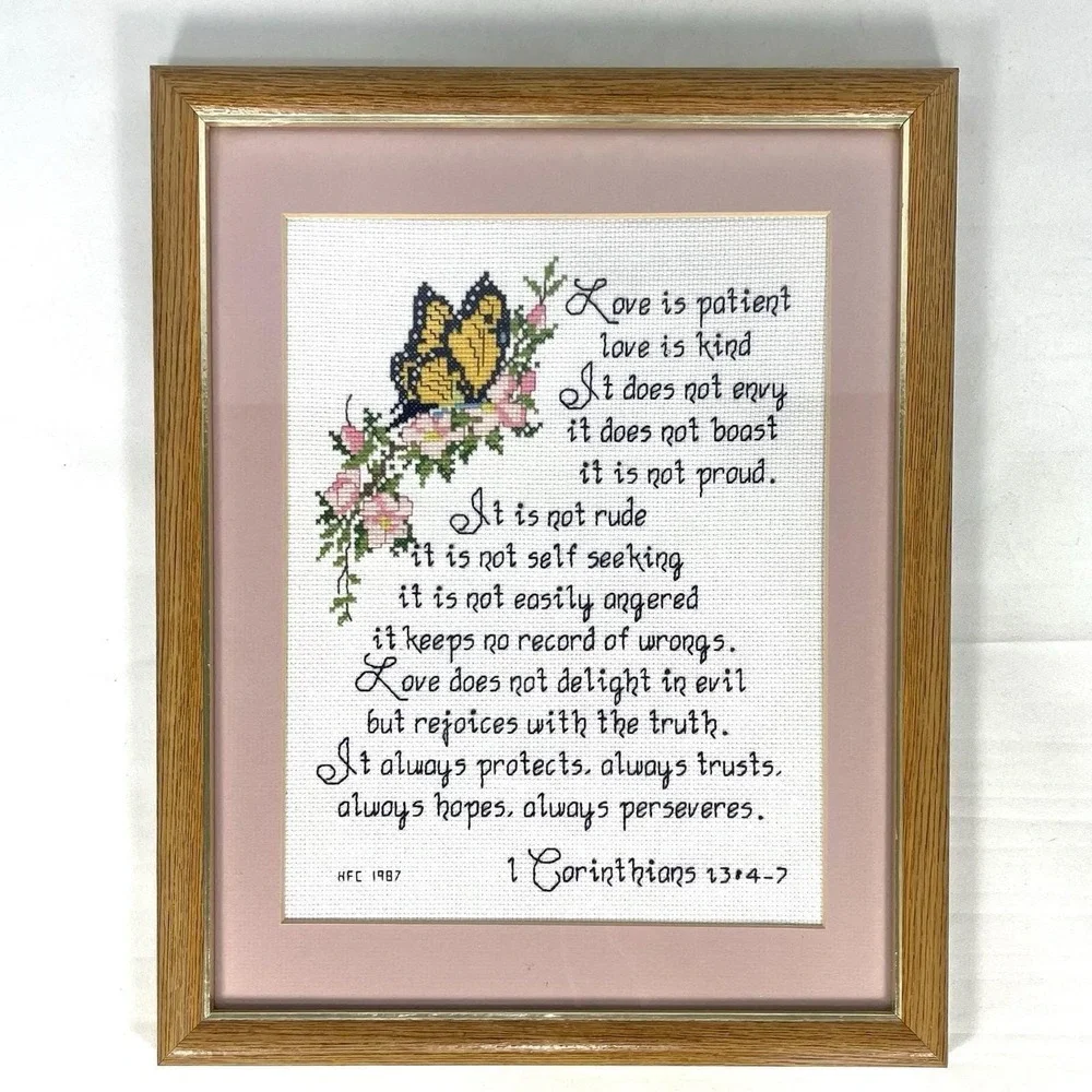 Vintage 1987 1 Corinthians 13:4-7 Cross Stitch Framed Scripture Wall Art